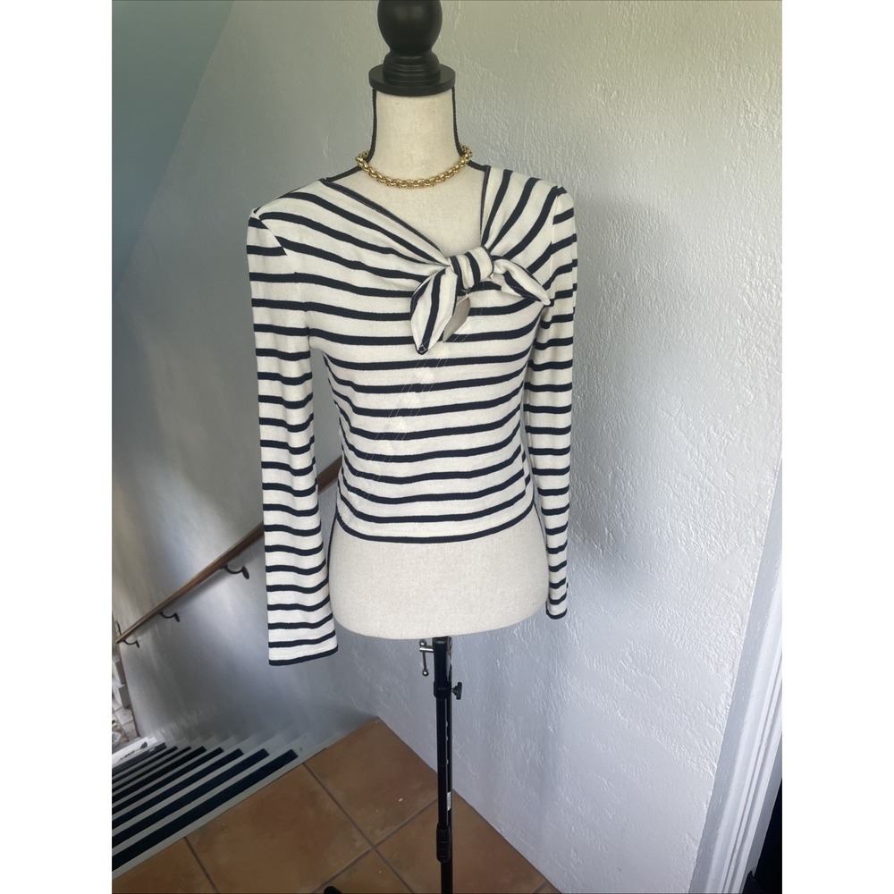 Derek Lam Crosby Black Cream Striped Knotted Knit Cutout Cotton Crop Top Size XS